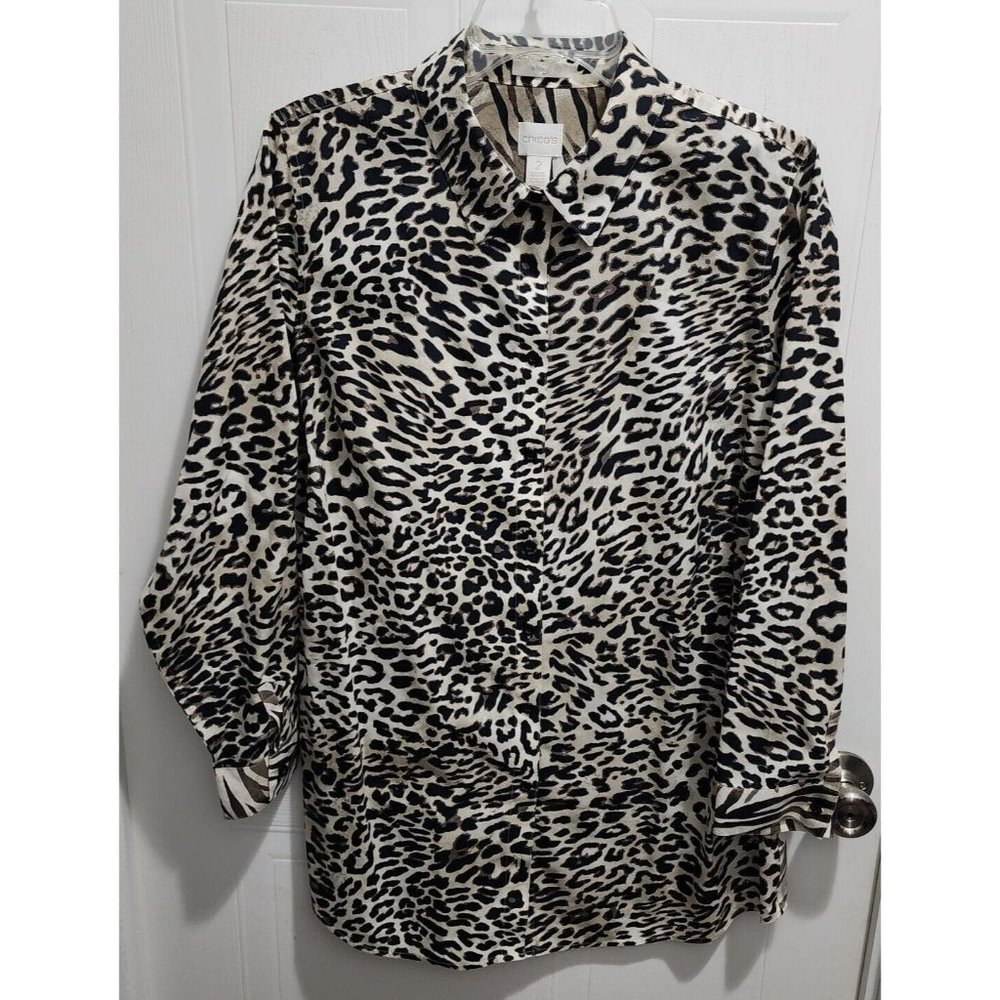 Chico's Women's Long Sleeve No Iron Button Up Tunic Top Animal Print Size 2‎ (L)